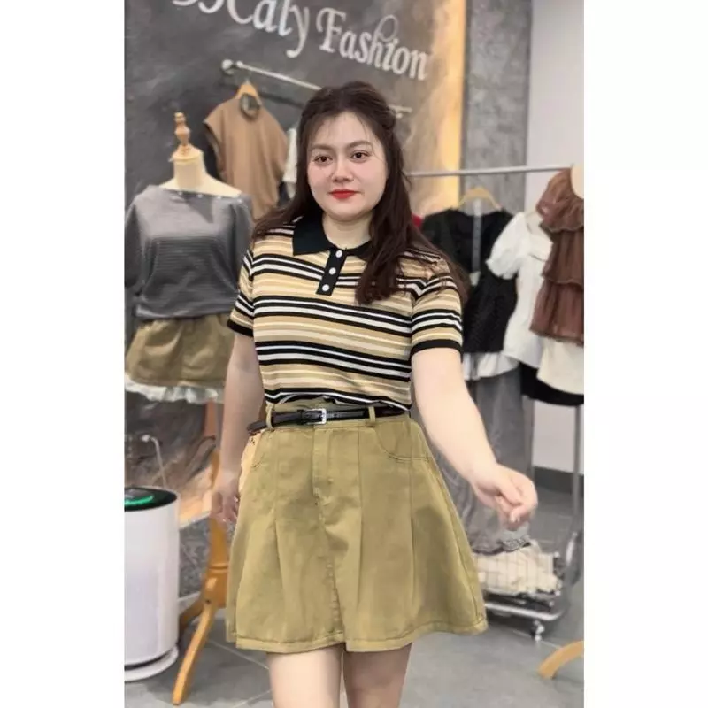 363 BIGGSIZE Áo polo thun len tăm kẻ ngang nhỏ thêu hình mèo