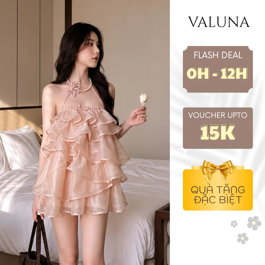 Đầm tơ tầng cổ yếm hoa 3D nữ thiết kế cao cấp dáng babydoll tiểu thư sang trọng VALUNA STORE 2684