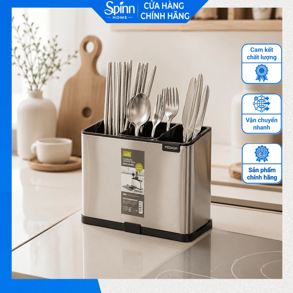Ống đựng đũa cao cấp có khay hứng nước tặng kèm thớt, hộp đựng đũa muỗng dao Nĩa 3 ngăn thoát nước