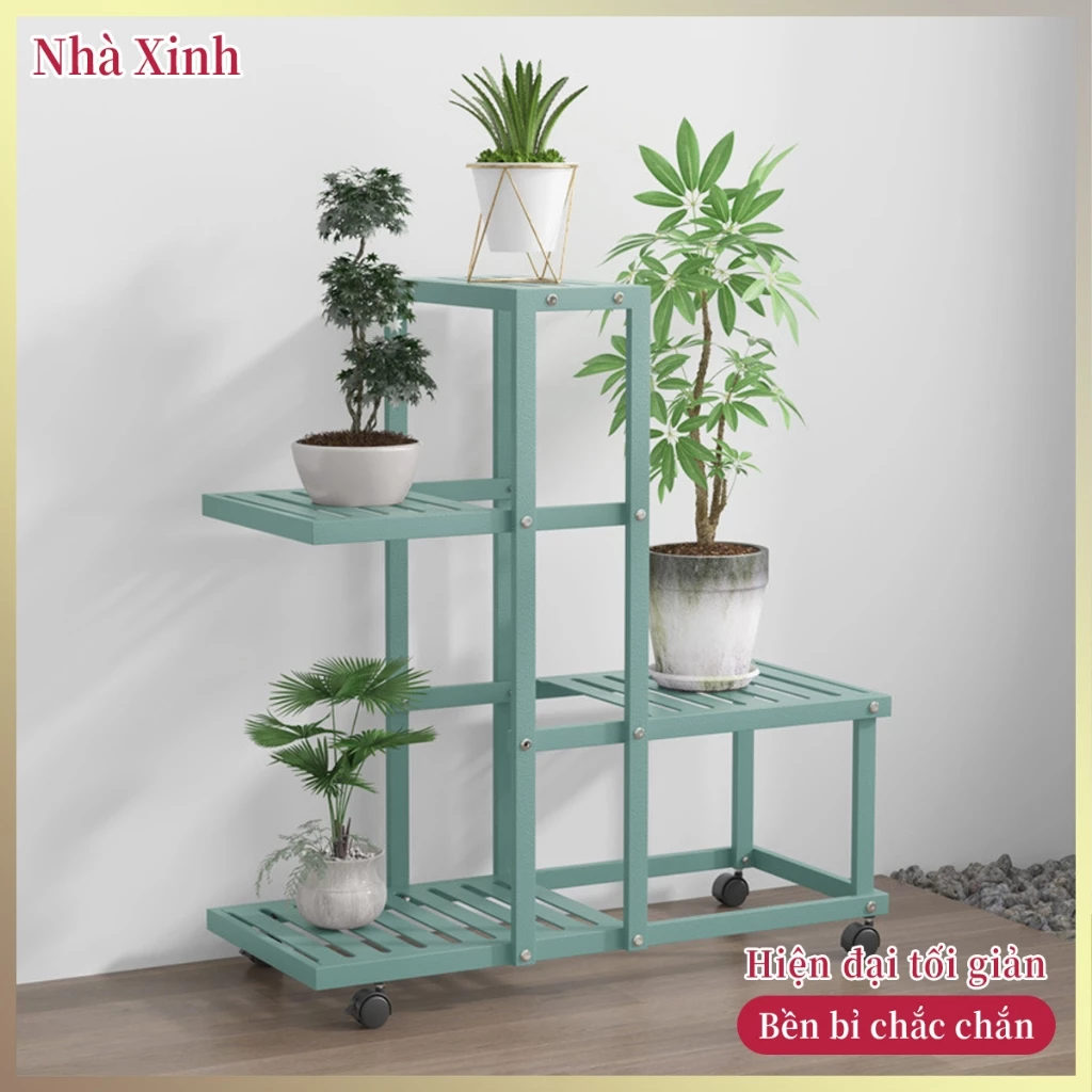 Giá để cây cảnh nhiều tầng ống sắt vuông dày có bánh xe di chuyển chống gỉ cho trong nhà ban công