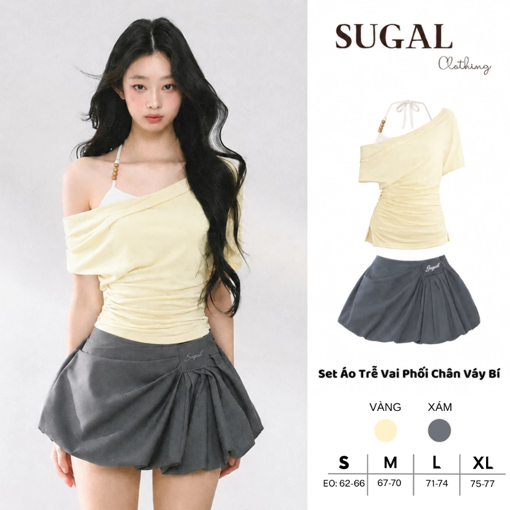 SUGAL - Set Áo Thun Trễ Vai KÈM ÁO HAI DÂY - Phối Chân Váy Bí Phồng Xếp Ly Lệch | TOP NU 284 + CV NU 109