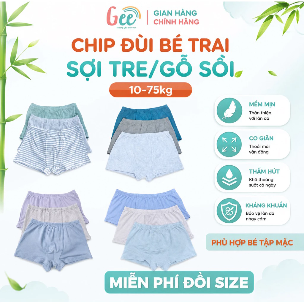 Set 3 quần lót bé trai Gee chun nhỏ, sịp đùi cho bé tập mặc, vải sợi tre, sợi sồi mềm mại, thoáng mát, co giãn, khử mùi