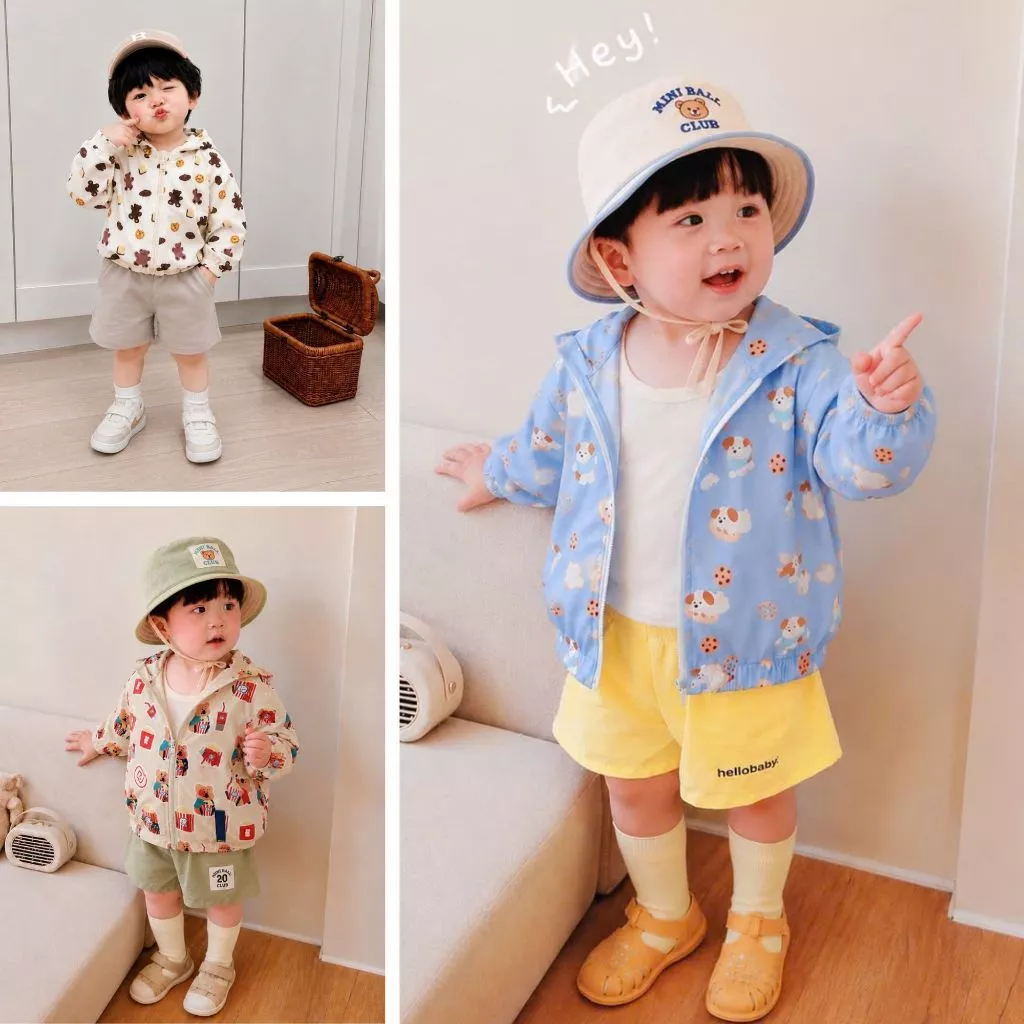 Áo khoác bé trai, Áo khoác gió cho bé 2 LỚP có mũ chống nắng chống gió nhẹ thoáng khí [9-24kg]