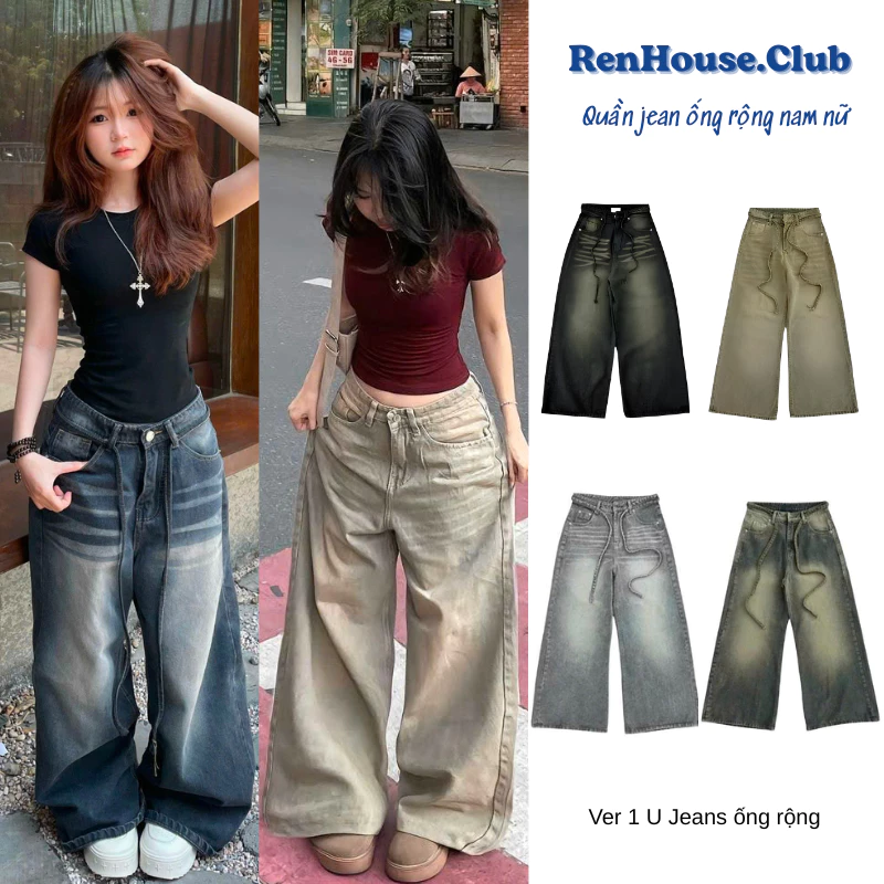 Quần Jean Nam Nữ Ống Rộng Denim Cotton Phối Dây, Quần Bò Ống Suông Wash Form Thụng Unisex - FLAV BAGGY JEANS