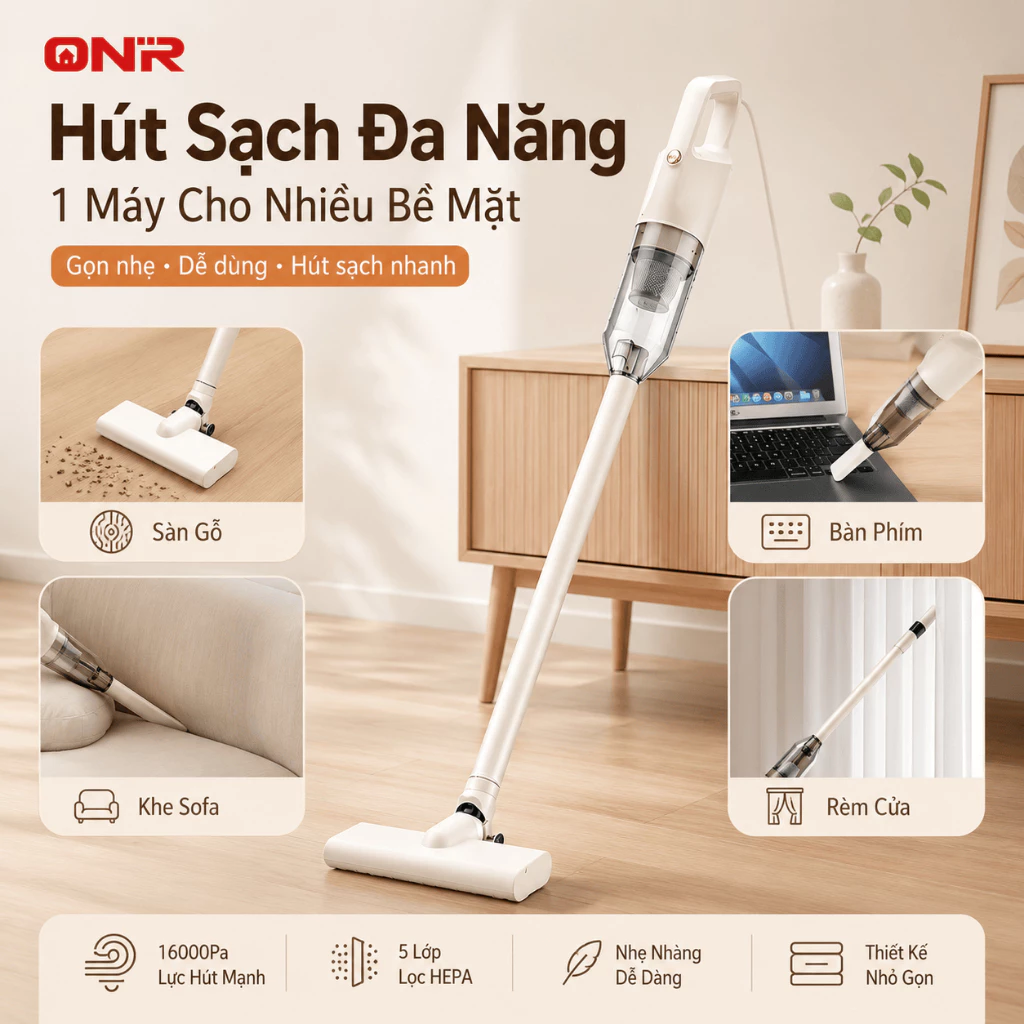 Máy Hút Bụi Cầm Tay Có Dây 16000Pa, Nhẹ 1.28Kg, Dây 4M, 5 Lớp Lọc, 2in1, Nhiều Đầu Hút
