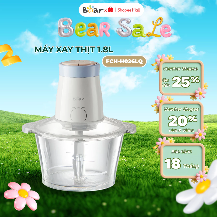 Máy xay thịt đa năng 1.8L Bear FCH-H026LQ, 300W,xay sinh tố rau củ quả cá hoa quả gia vị,BH 18 tháng