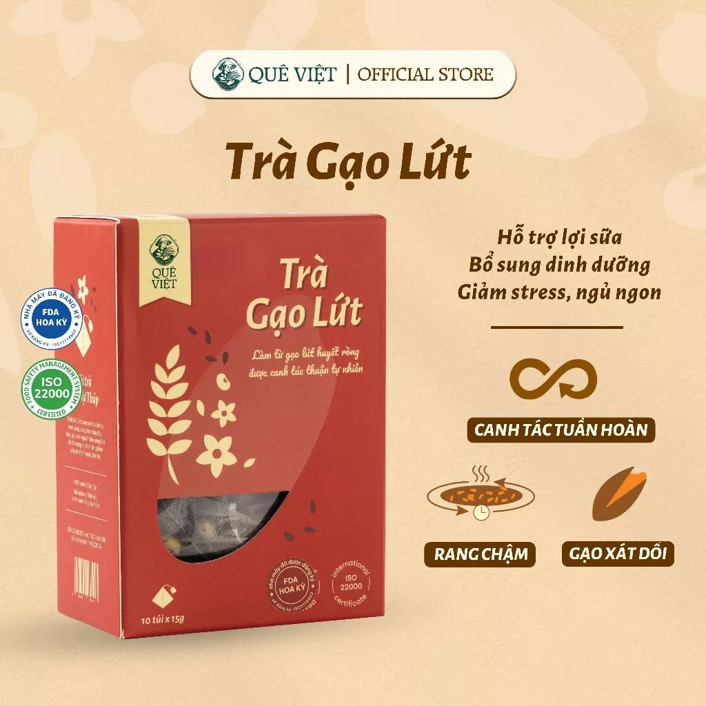 Trà gạo lứt lợi sữa Quê Việt thanh lọc gan, giải độc cơ thể nguyên liệu tự nhiên an toàn - Hộp 150g (10 túi x 15g)