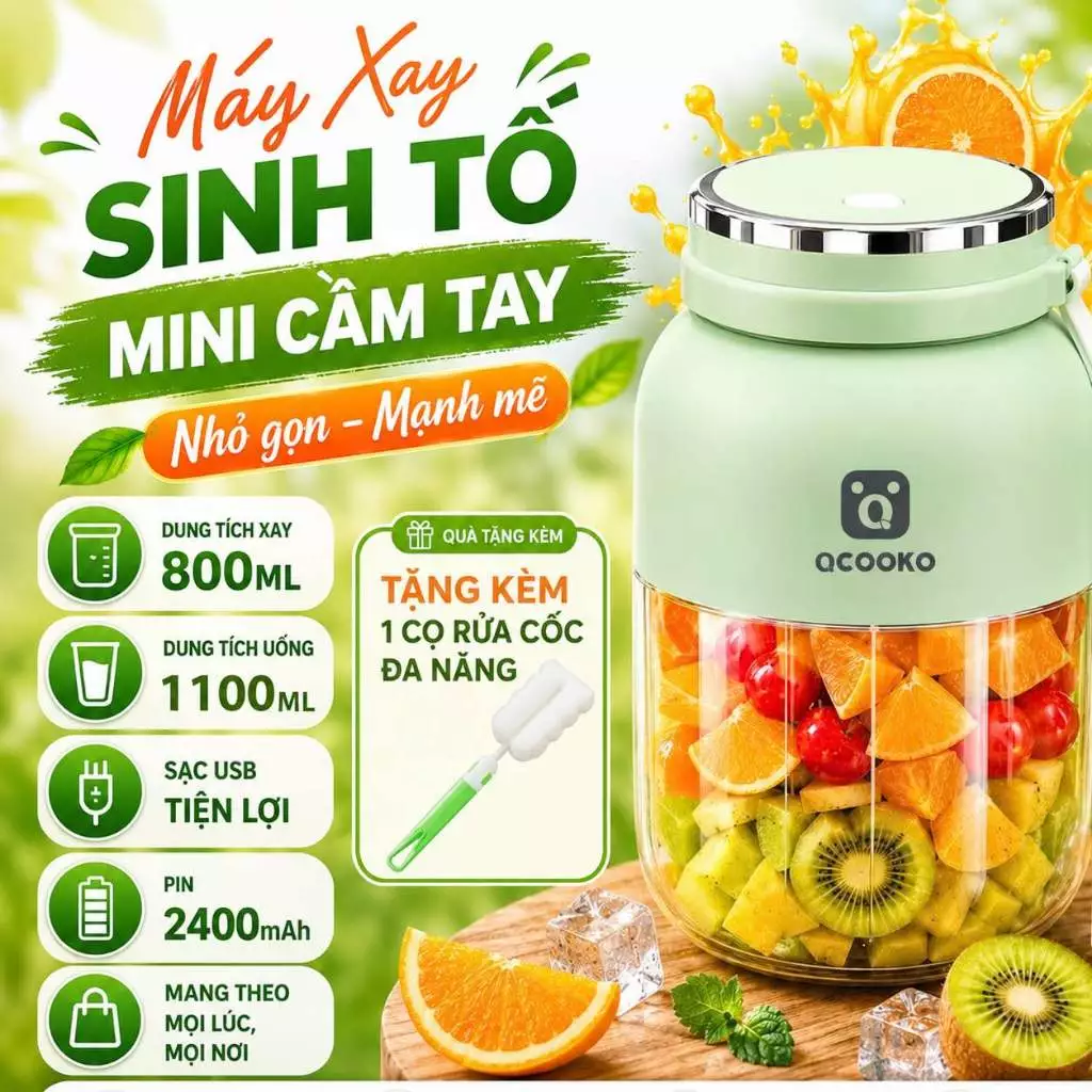 Máy Xay Sinh Tố Cầm Tay Qcooker dung tích 1L Máy Sinh Tố Đa Chức Năng Nắp Uống Luôn Bảo Hành 12 Tháng