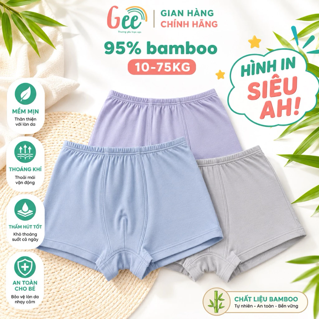 Set 3 quần sịp SPM Gee sợi tre 10-75kg, chun nhỏ phù hợp bé tập mặc, mềm mịn, thấm hút, co giãn, thoải mái