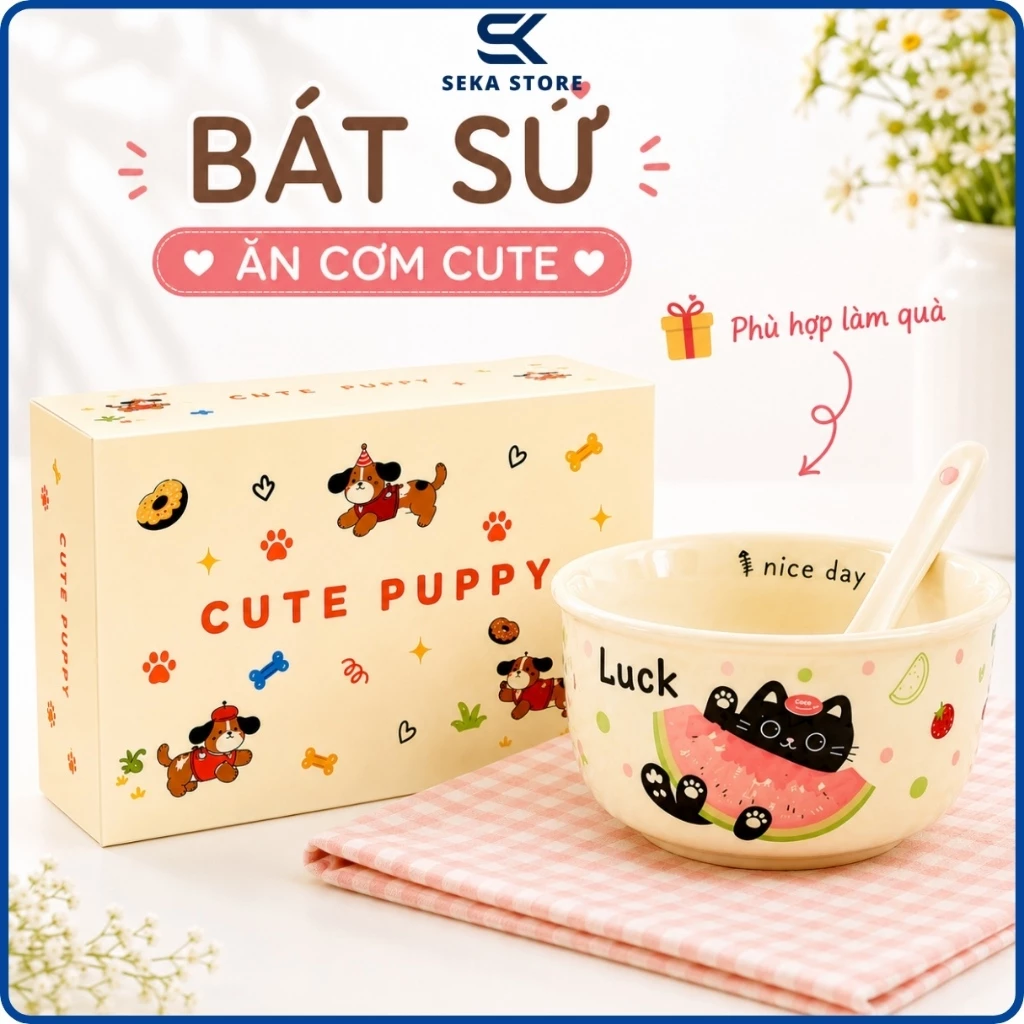 Bộ Bát Sứ Ăn Cơm Hoạt Hình Dễ Thương Gồm 1 Bát + 1 Thìa, Bát Sứ Cao Cấp Xinh Xắn