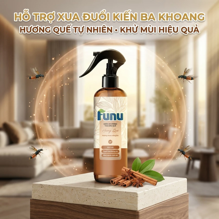 Xịt Xua Đuổi Kiến Ba Khoang, Xịt Phòng Hương Quế Tẩy Uế, Khử Mùi, Thanh Lọc Không Khí Funu 400ml