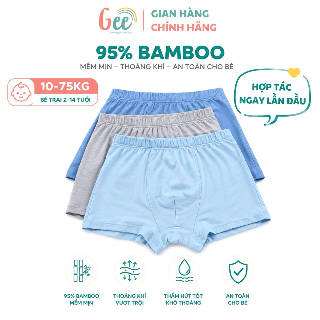 Quần lót bé trai hình CẬU BÉ BC Gee, 3 quần sịp đùi trẻ em, sx tại VN, 10-75kg, vải sợi tre siêu mềm mát, dễ chịu cho bé