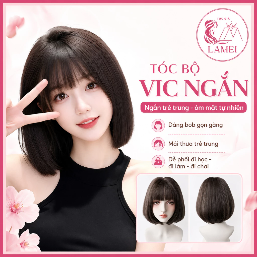 Tóc Giả Nữ Nguyên Đầu Vic Ngắn Cụp Đuôi Nhẹ Chất Liệu Cao Cấp Mềm Mượt Tự Nhiên