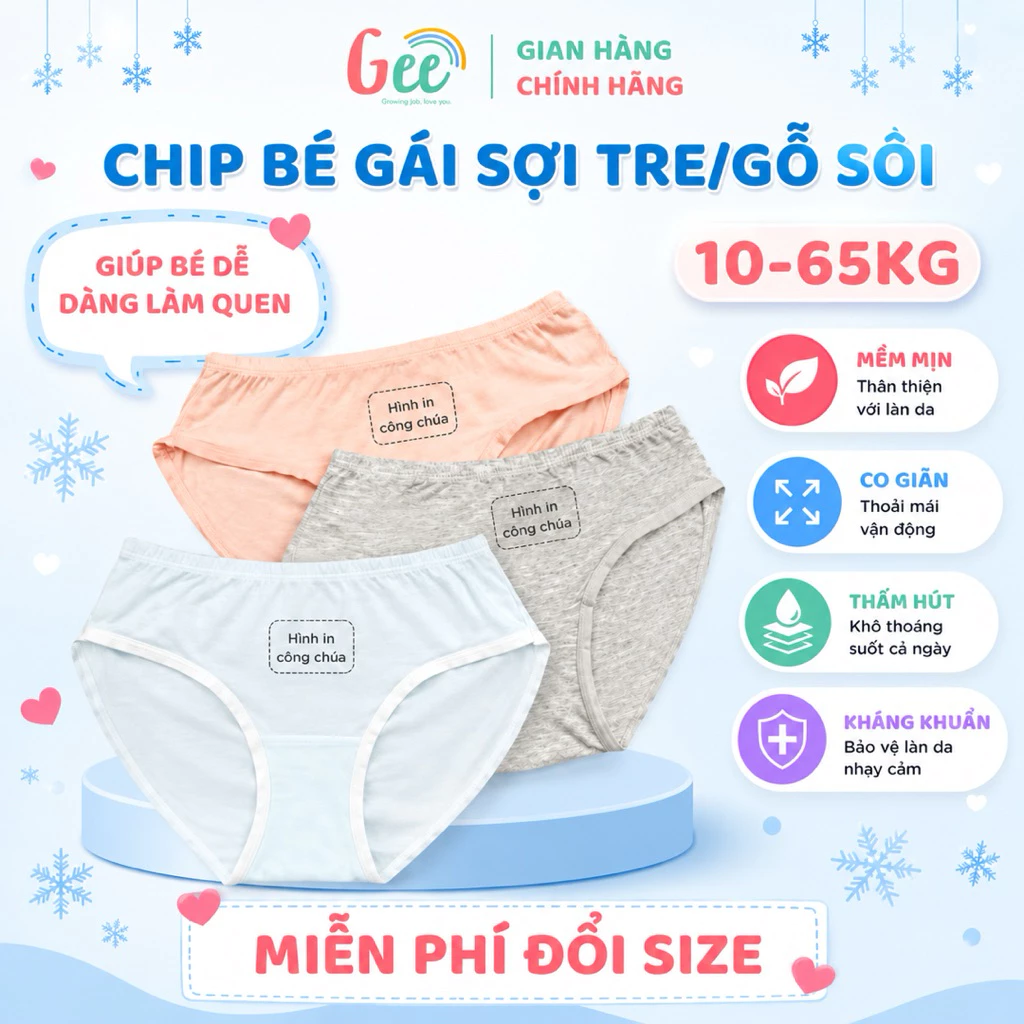 Set 3 chip TAM GIÁC Gee họa tiết CÔNG CHÚA dễ thương cho bé gái 10-65kg, vải sợi tre, sợi sồi mềm mát, thấm hút tốt