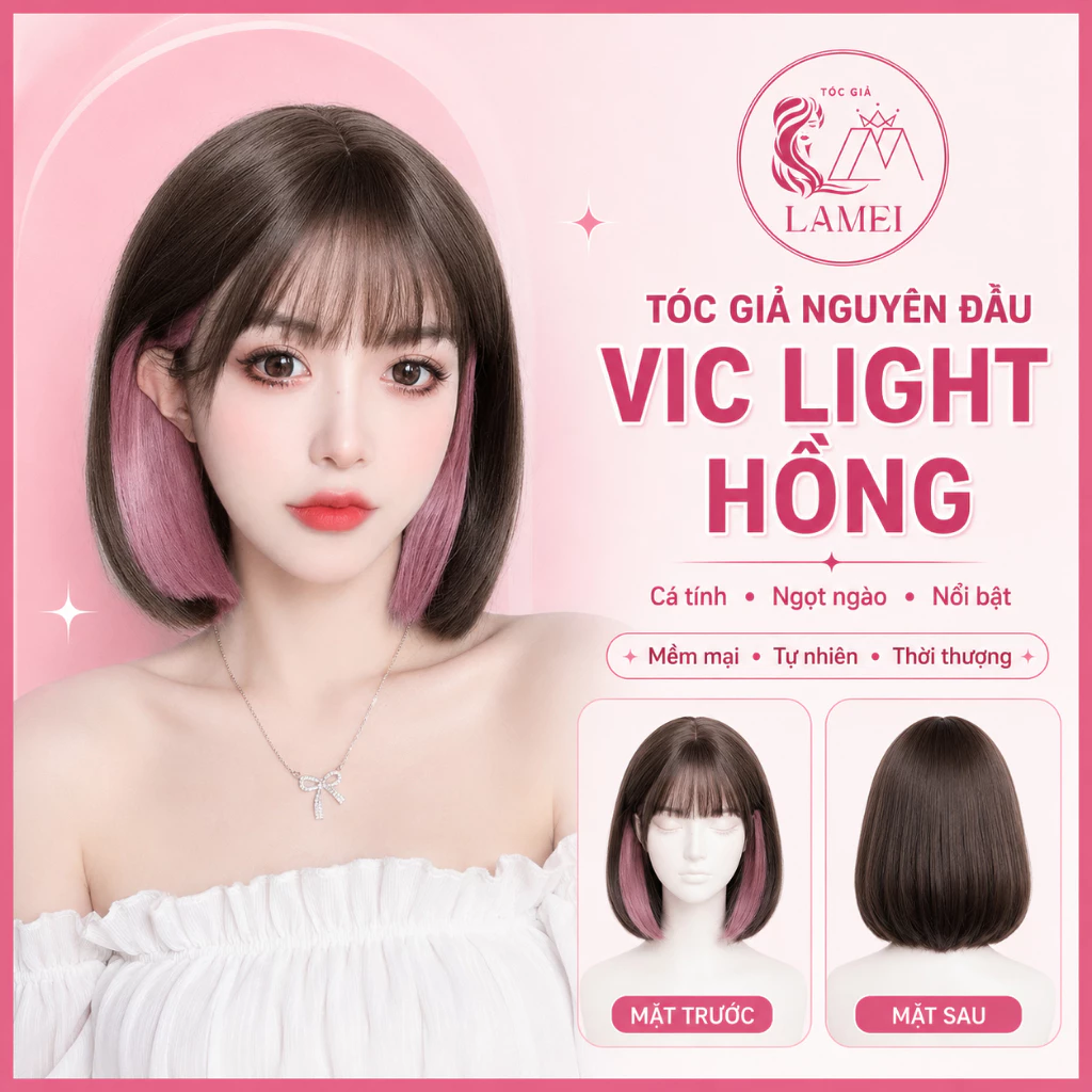 Tóc Giả Nguyên Đầu Vic Light Hồng Phong Cách Hàn Quốc Chất Liệu Tự Nhiên Mềm Mượt