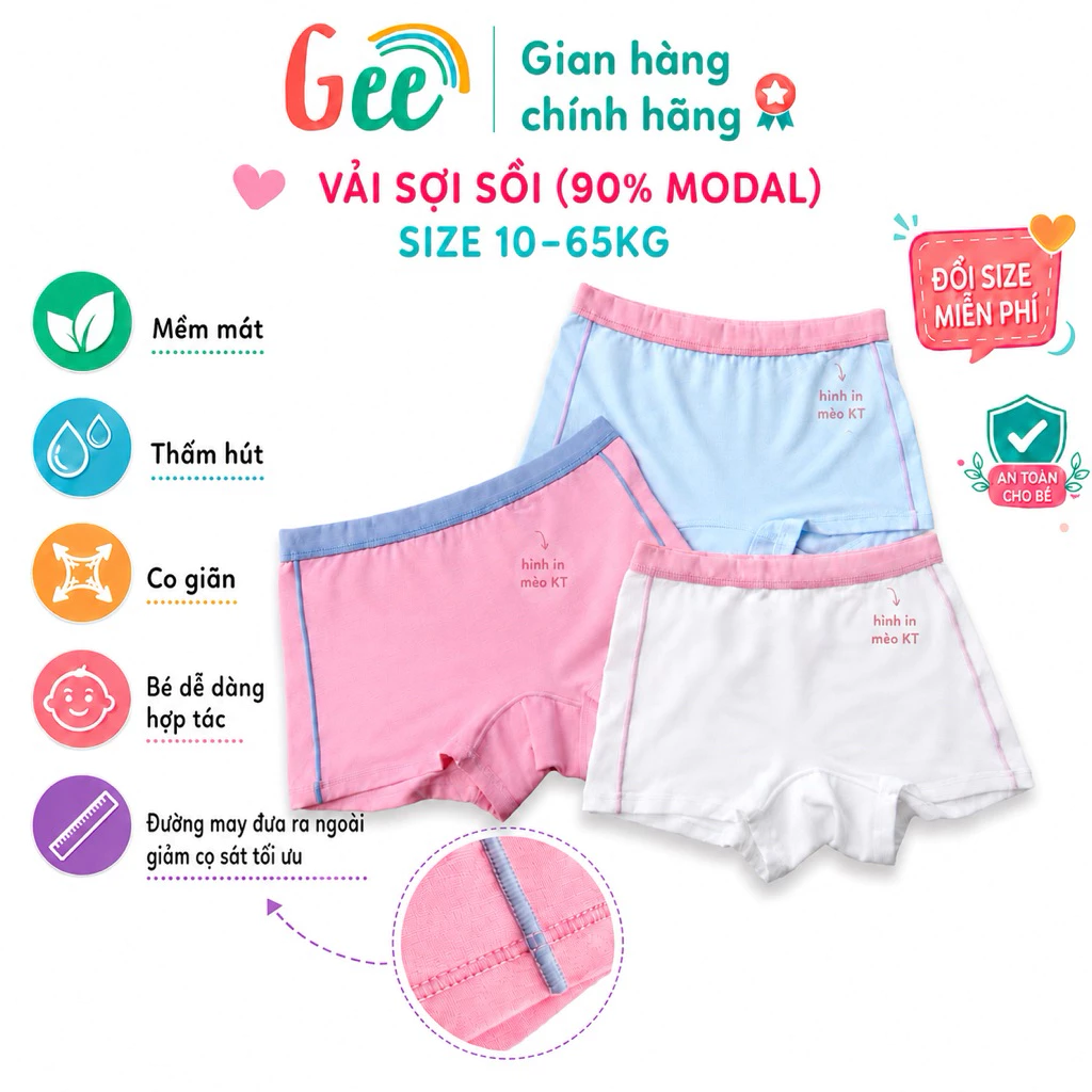 Combo 3 quần chip Gee dáng đùi cho bé gái, set 3 quần lót sợi sồi size 10-65kg, mềm mát, co giãn, thấm hút