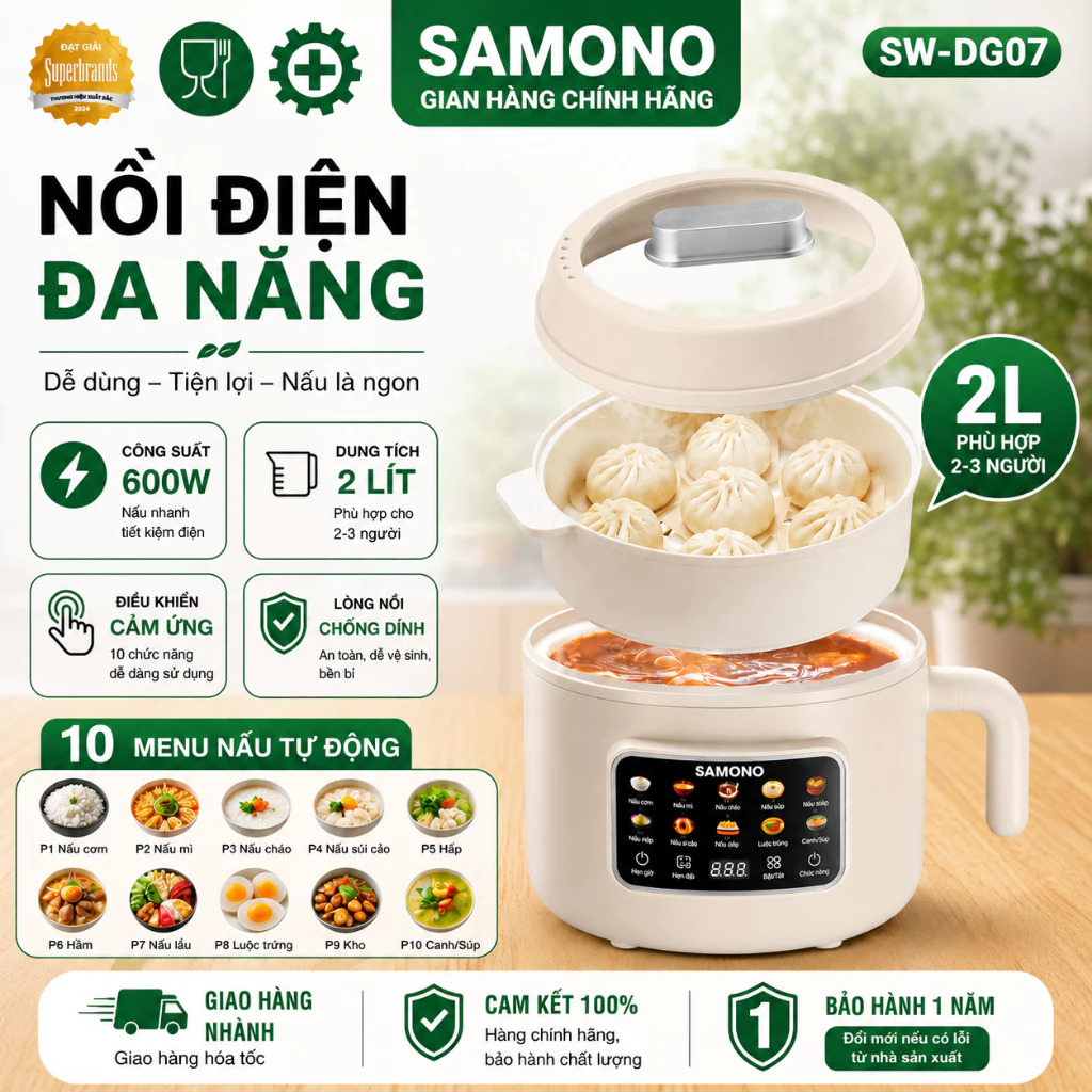 (Kèm Xửng Hấp) Nồi Điện Đa Năng Menu 10 Món, Dung Tích 2L  Màu Kem SAMONO SW-DG07- BH 1 năm