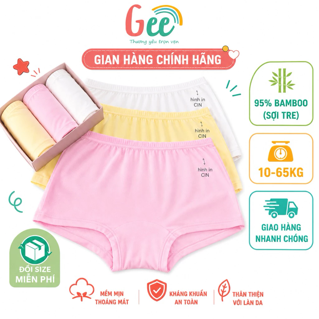Set 3 quần chip cho bé gái Gee dễ thương, size 10-65kg, vải sợi tre mềm mịn, thấm hút, co giãn, kháng khuẩn