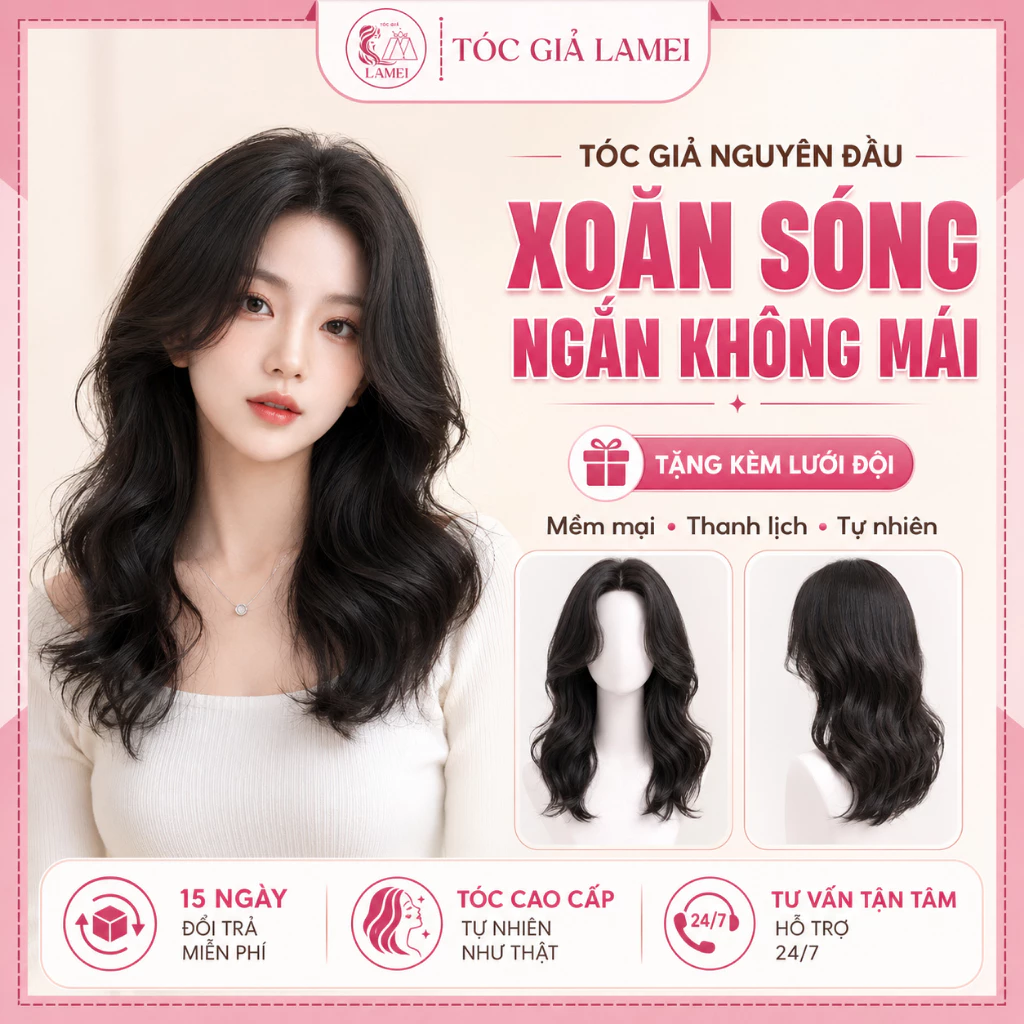 Tóc giả nguyên đầu xoăn sóng ngắn không mái chất sợi tơ cao cấp tặng lưới đội