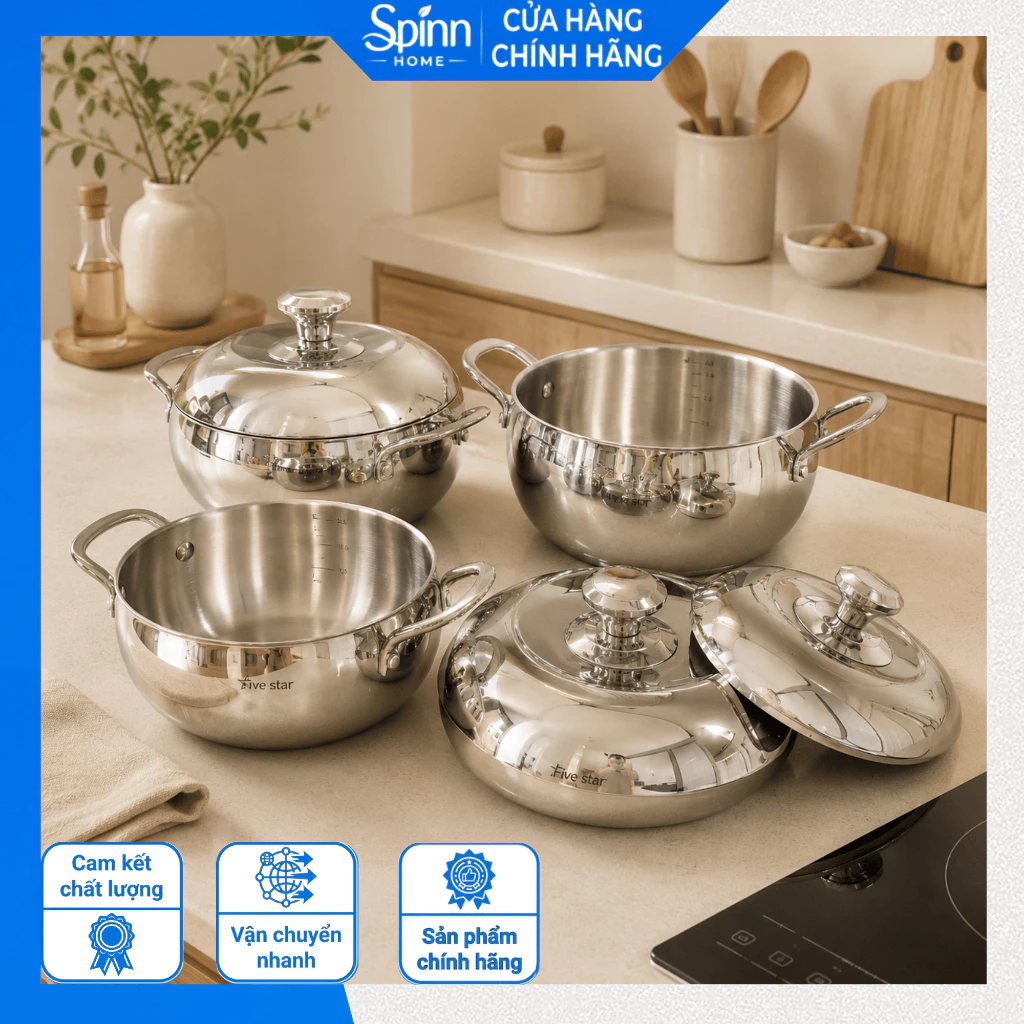 Bộ nồi inox 304 fivestar 3 món cao cấp có nắp inox, bộ nồi quả táo đáy từ dùng cho mọi loại bếp