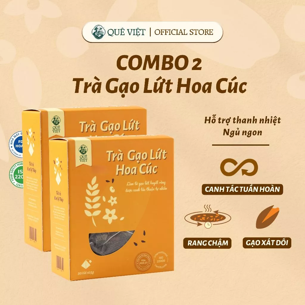 Combo 2 hộp Trà gạo lứt hoa cúc Quê Việt - Hộp 150g (10 túi 15g), 450g (30 túi 15g)