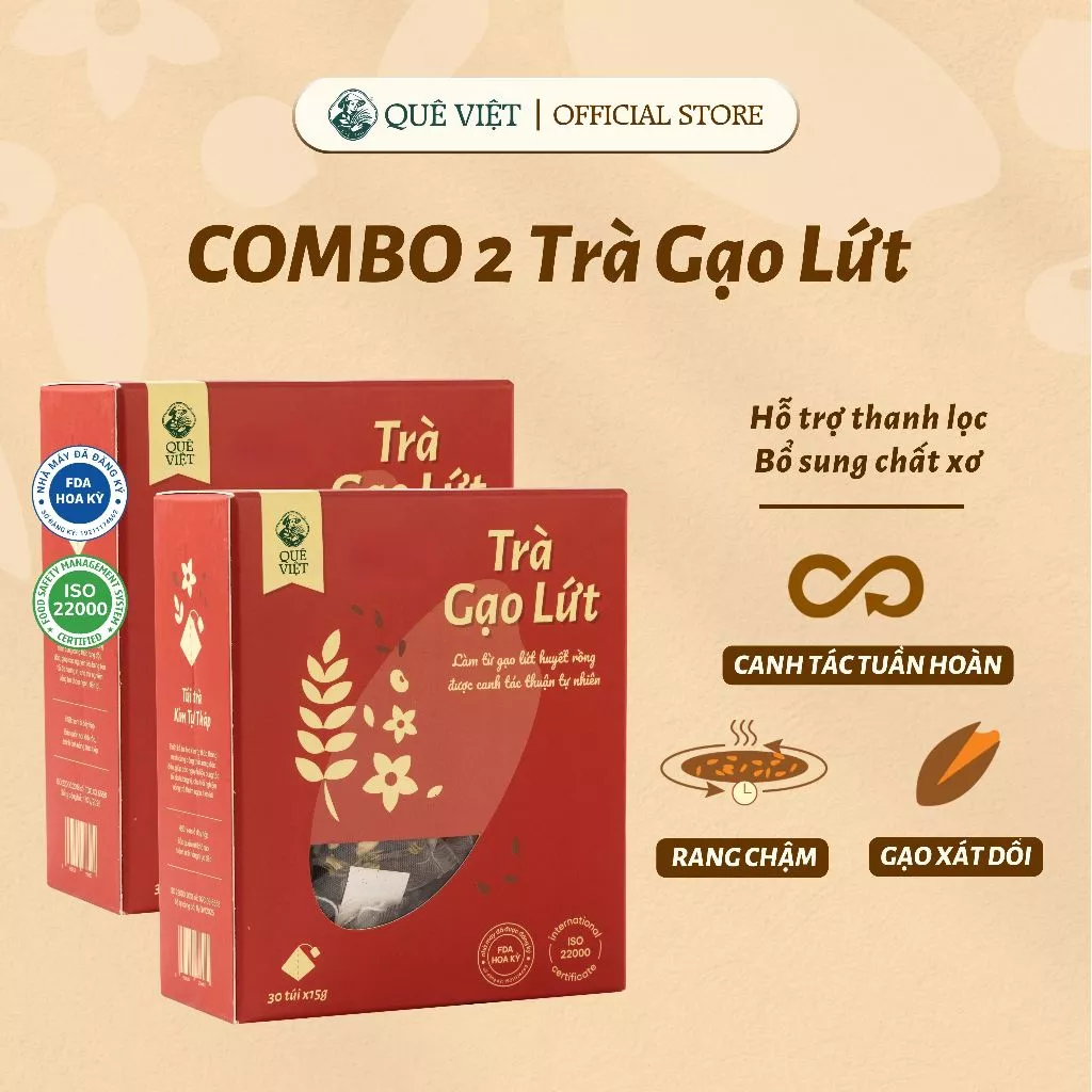 Combo 2 hộp Trà gạo lứt Quê Việt - Hộp 150g (10 túi x 15g), hộp 450g (30 túi x 15g)