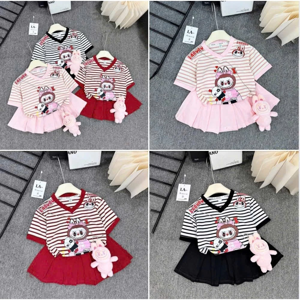[A41] Set váy Labubu bé gái, đồ bộ áo thun kẻ sọc cổ tim chân váy xếp ly su 4 chiều đi học đi chơi hè cho bé 7 - 41kg