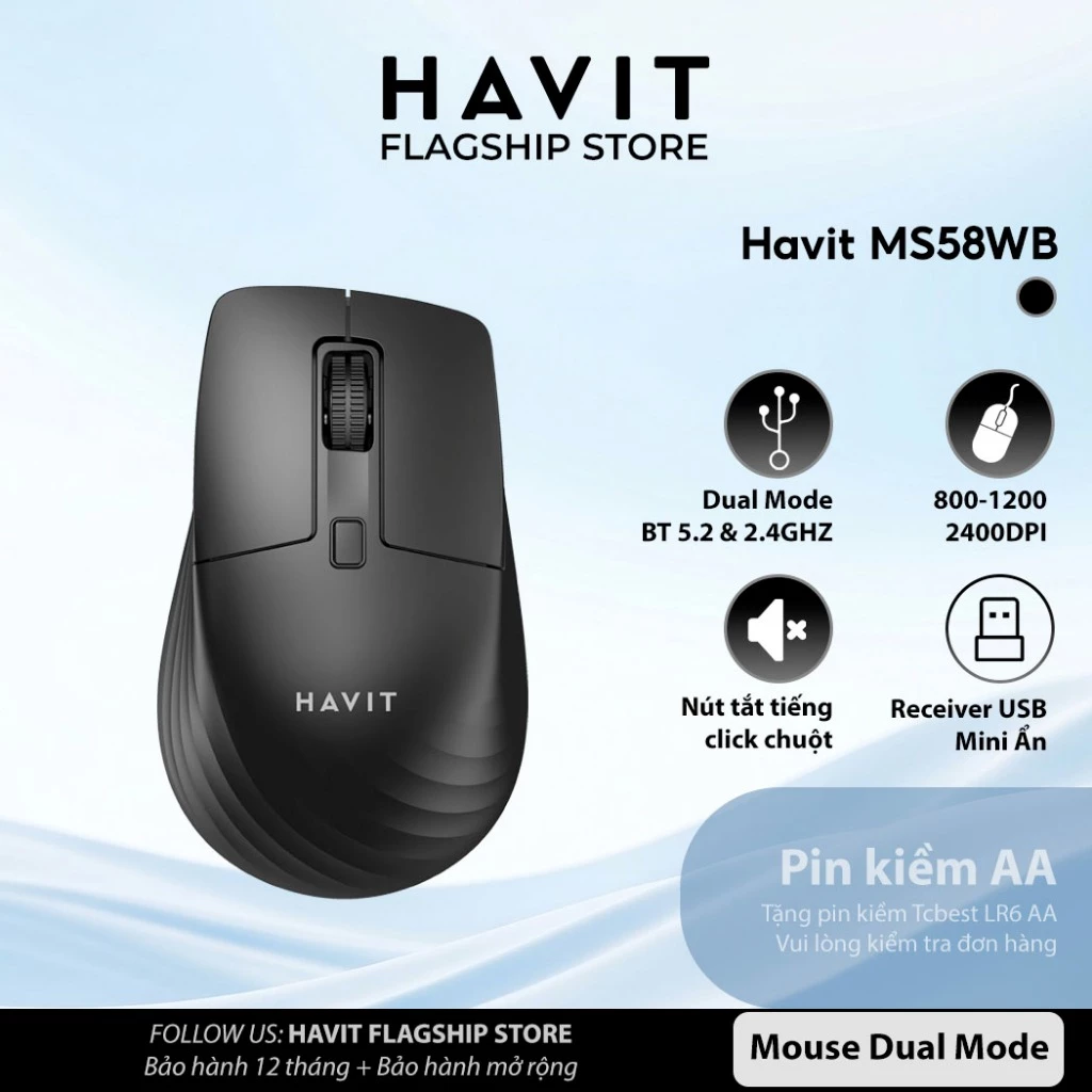 Chuột Không Dây Havit MS58WB (2.4G + Bluetooth 3.0 & 5.2) DPI 800-2400 | Silient
