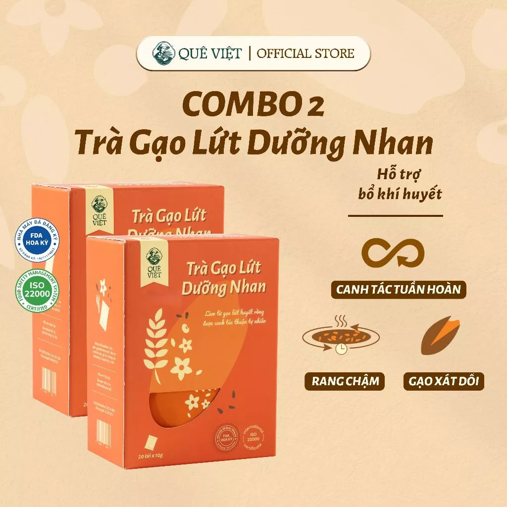 Combo 2 hộp Trà gạo lứt dưỡng nhan Quê Việt - Hộp 100g (10gói x 10g), 200g (20 gói x 10g)
