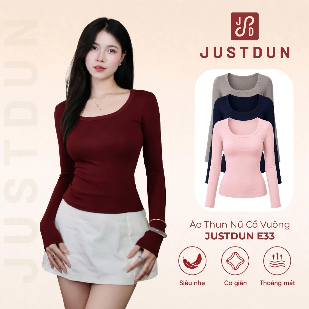 Áo Thun Nữ Cổ Vuông Dài Tay JUSTDUN E33 - Siêu Co Giãn, Cotton Mịn, Mềm Mại, Dày Dặn, Tôn Dáng