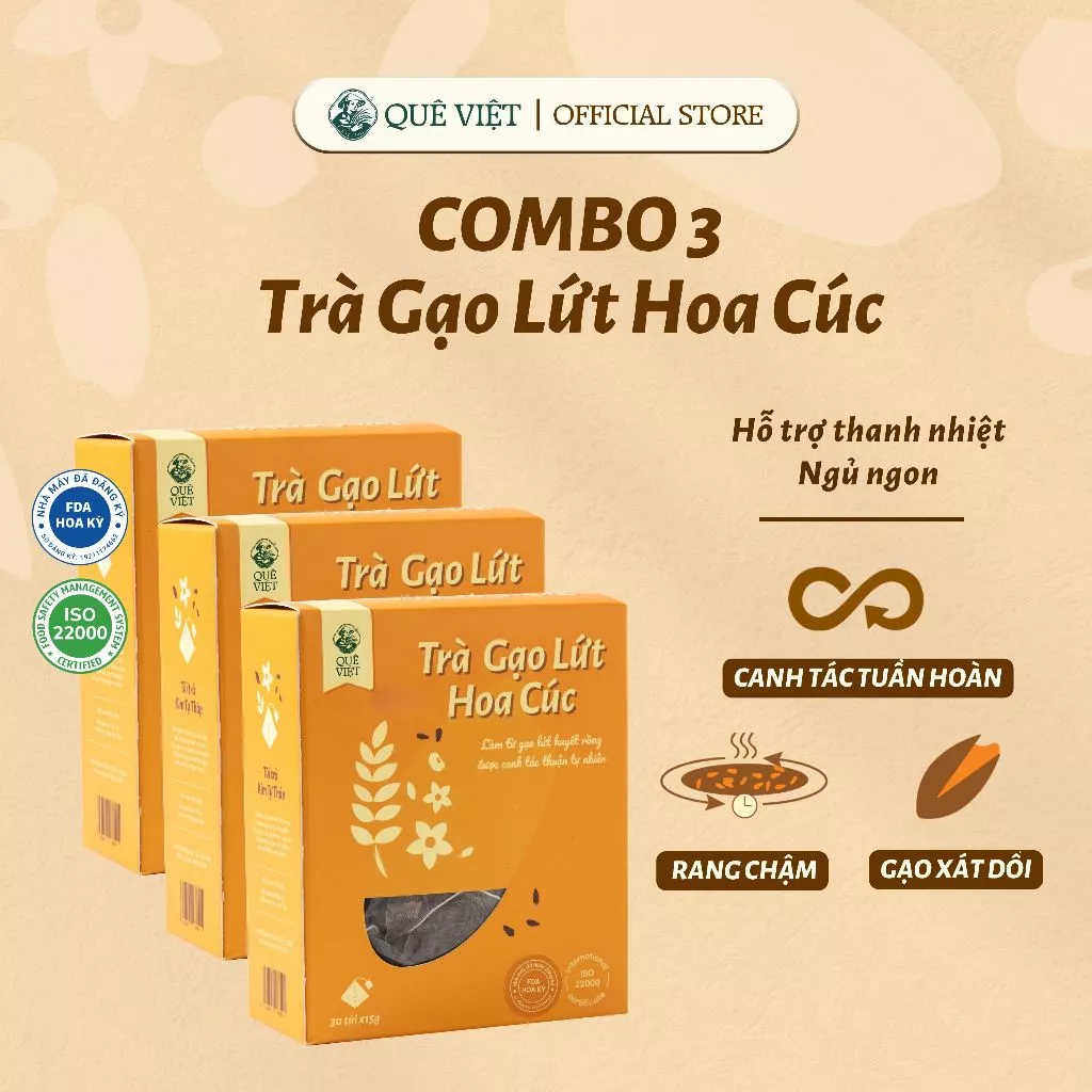 Combo 3 hộp Trà gạo lứt hoa cúc Quê Việt - Hộp 450g (30 túi x 15g)