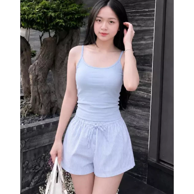 Set Bộ Nữ Hàn Quốc Áo Hai Dây Mix Quần Short Kẻ Sọc Trẻ Trung Dễ Thương HL14