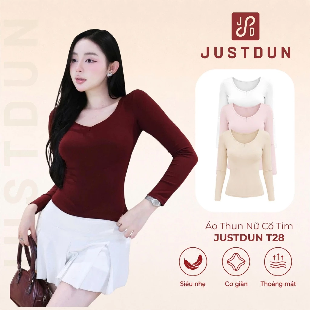 Áo Thun Nữ Cổ Tim Dài Tay JUSTDUN T28 - Ôm Body, Cotton Mềm Mại, Giữ Nhiệt, Co Giãn 4 Chiều