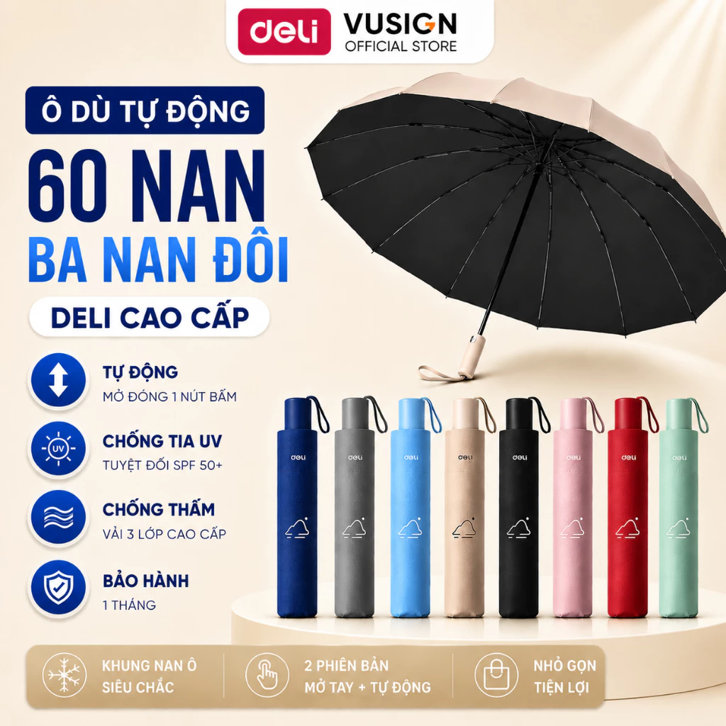Ô Dù Che Mưa Nắng Tự Động Đóng/Mở DELI MẪU MỚI - NAN 3 BẰNG THÉP Thông Minh Gấp Gọn Chống UV