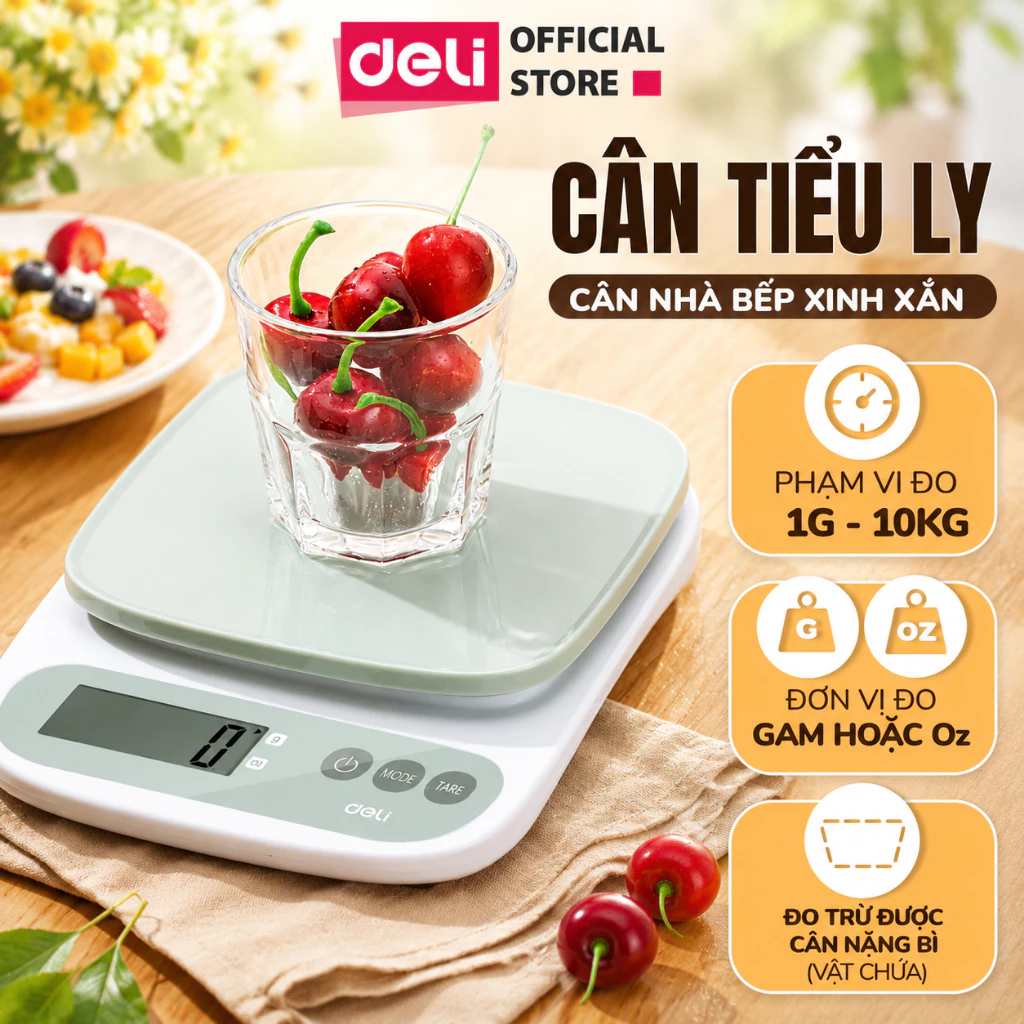 Cân Tiểu Ly Cân Điện Tử Nhà Bếp DELI Chính Hãng 1g-10kg Đo Gam, Oz Đo Trừ Bì Vật Chứa