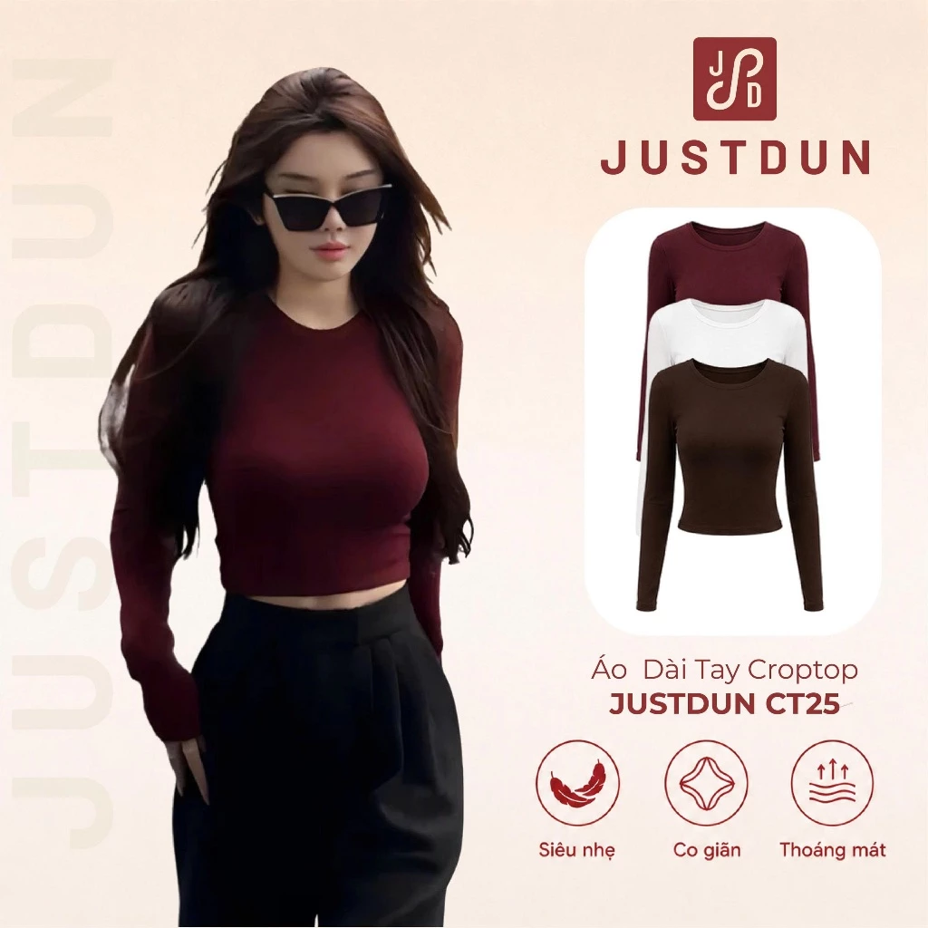 Áo Thun Nữ Dài Tay Croptop JUSTDUN CT25 – Dáng Ôm Body, Chất Liệu Cotton Mịn Mềm, Co Giãn Thoải Mái