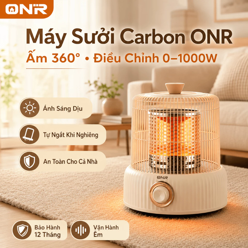 Máy Sưởi Carbon 1000W, Hồng Ngoại Xa, Ấm Nhanh, Không Khô, Tự Ngắt Khi Đổ, Yên Tĩnh, An Toàn