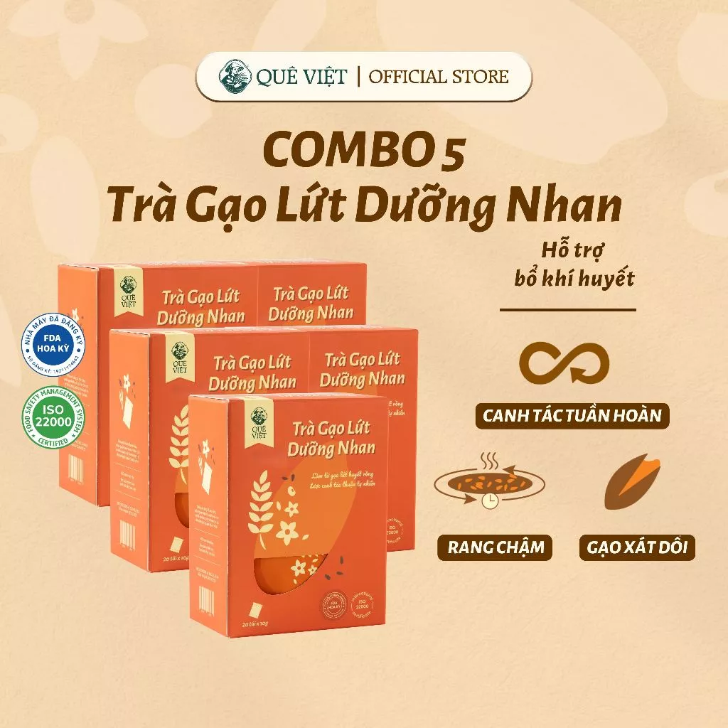 Combo 5 hộp Trà gạo lứt dưỡng nhan Quê Việt - Hộp 100g (10gói x 10g), 200g (20 gói x 10g)