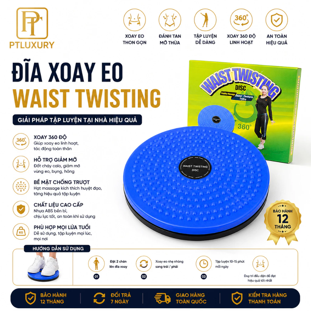 Đĩa xoay eo tập thể dục 360 độ PTLUXURY Bàn xoay tập cơ bụng eo thon giảm cân tại nhà có hạt massage bàn chân