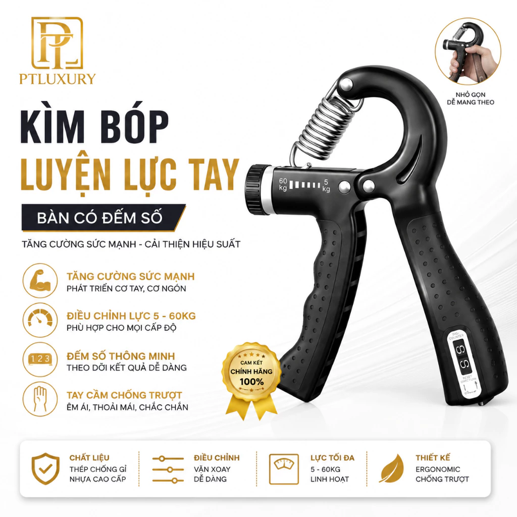 Kìm Bóp Tập Cơ Tay PTLUXURY Thép Carbon Có Đếm Số Tự Động - Dụng Cụ Tập Gym Tập Cơ Ngón Tay 60-100kg [ HÀNG TỐT ]