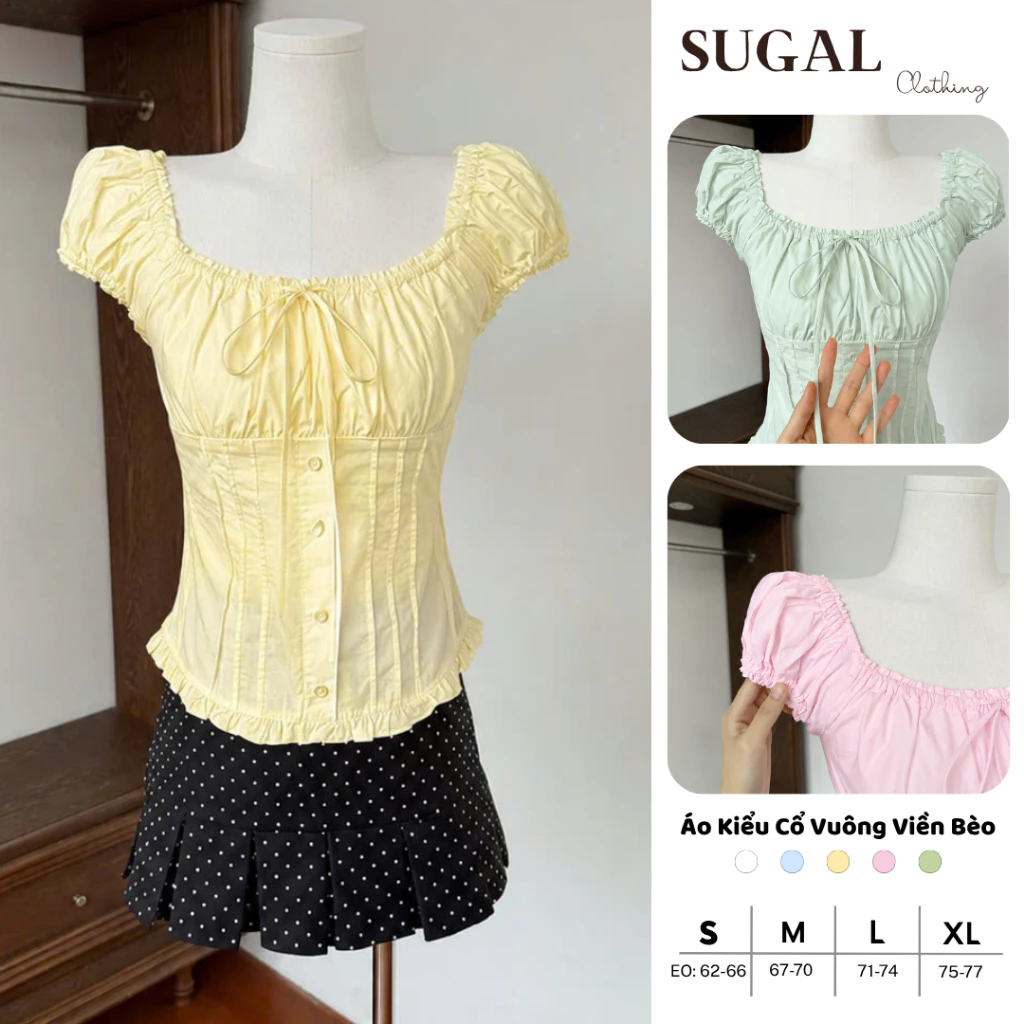 SUGAL - Áo Kiểu Nữ Cổ Vuông Ôm Body Tay Phồng - Áo Kiểu Tiểu Thư Hàn Quốc - Nhiều Màu Pastel Mùa Hè | TOP NU 303V1
