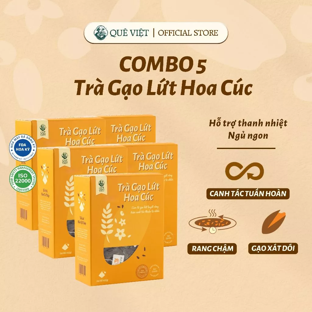 Combo 5 hộp Trà gạo lứt hoa cúc Quê Việt - Hộp 450g (30 túi x 15g)
