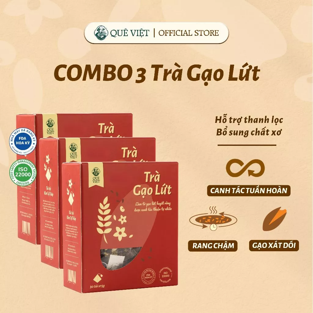 Combo 3 hộp Trà gạo lứt Quê Việt 450g (30 túi x 15g)