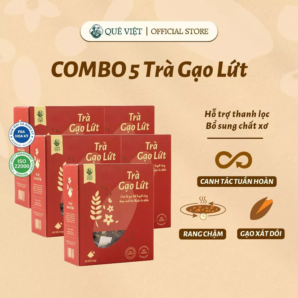 Combo 5 hộp Trà gạo lứt Quê Việt 450g (30 túi x 15g)