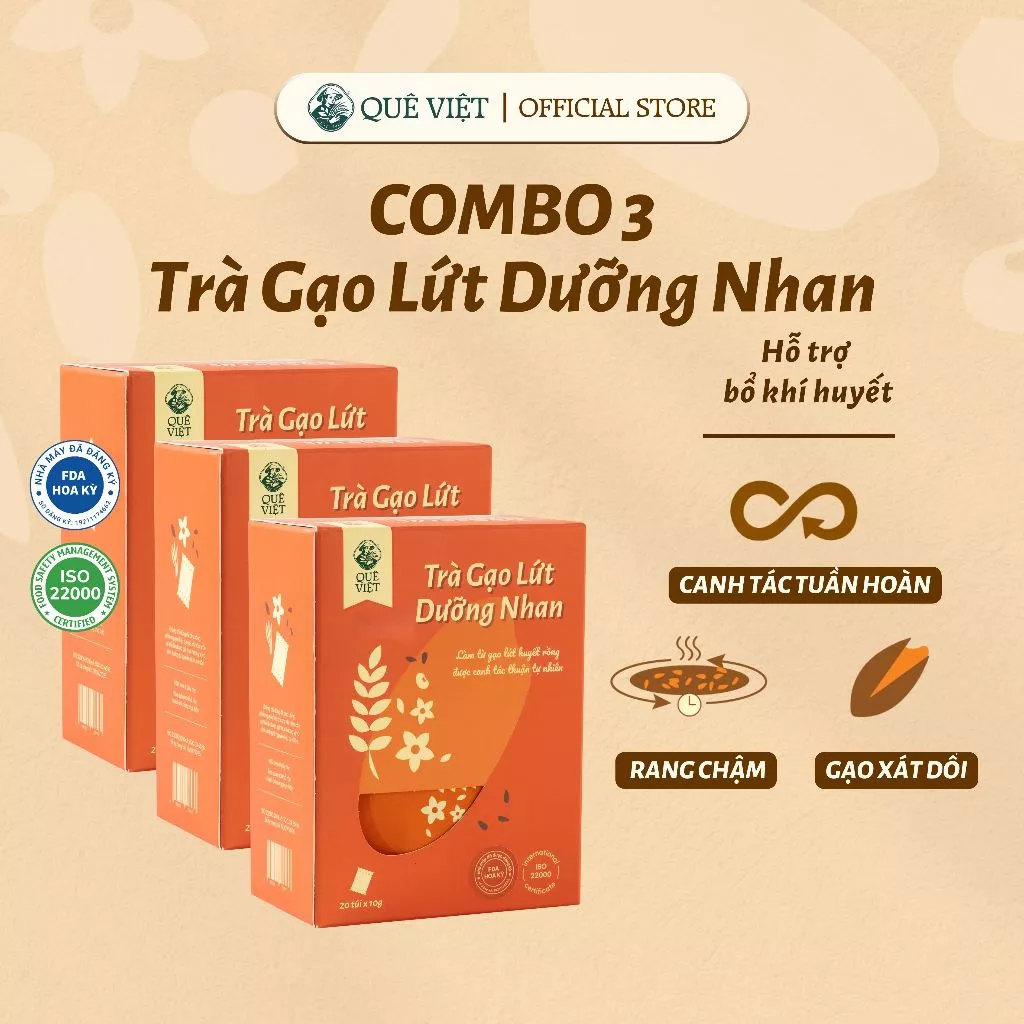 Combo 3 hộp Trà gạo lứt dưỡng nhan Quê Việt - Hộp 100g (10 túi x 10g), 200g (20 túi x 10g)