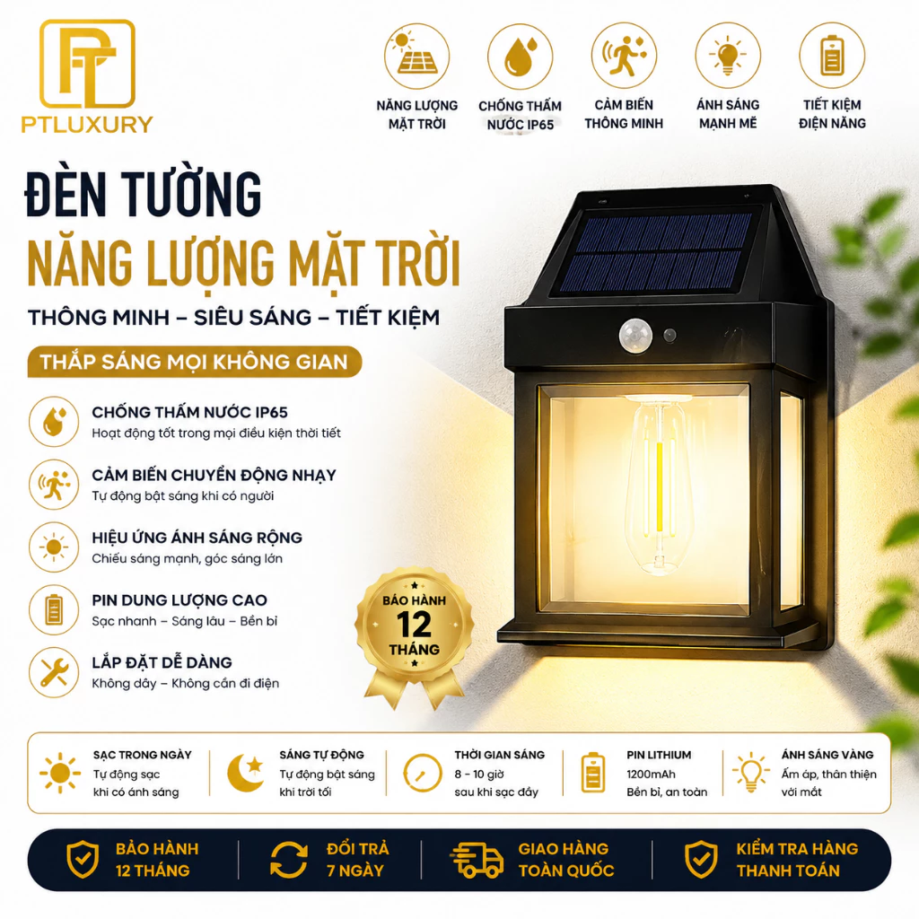 Đèn Năng Lượng Mặt Trời PTLUXURY Treo Tường Ánh Sáng Đèn Cảm Ứng [ HÀNG TỐT ]