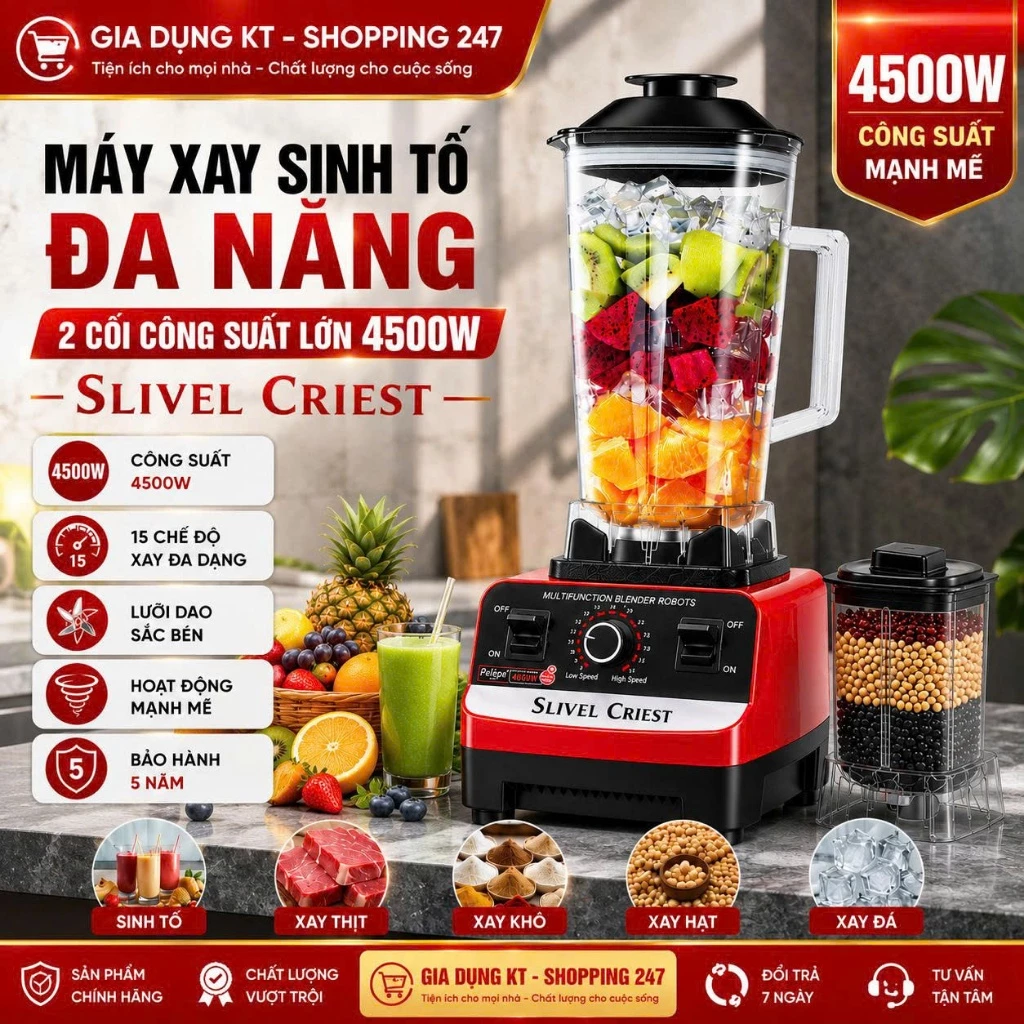 Máy Xay Sinh Tố Đa Năng SILVER CREST SC-1589, Máy Xay Công Nghiệp 2 Cối Công Suất Lớn 4500W, Hoạt Động Mạnh Mẽ, Bền Bỉ