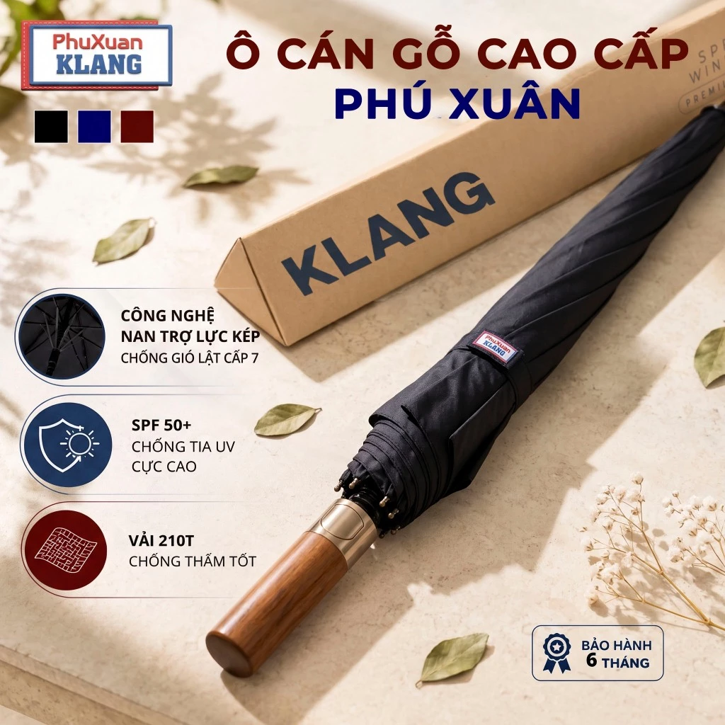 Ô dù tán rộng che nắng mưa PHUXUAN tay cầm gỗ sang trọng, chống lật trong gió to cấp 7, chống UV
