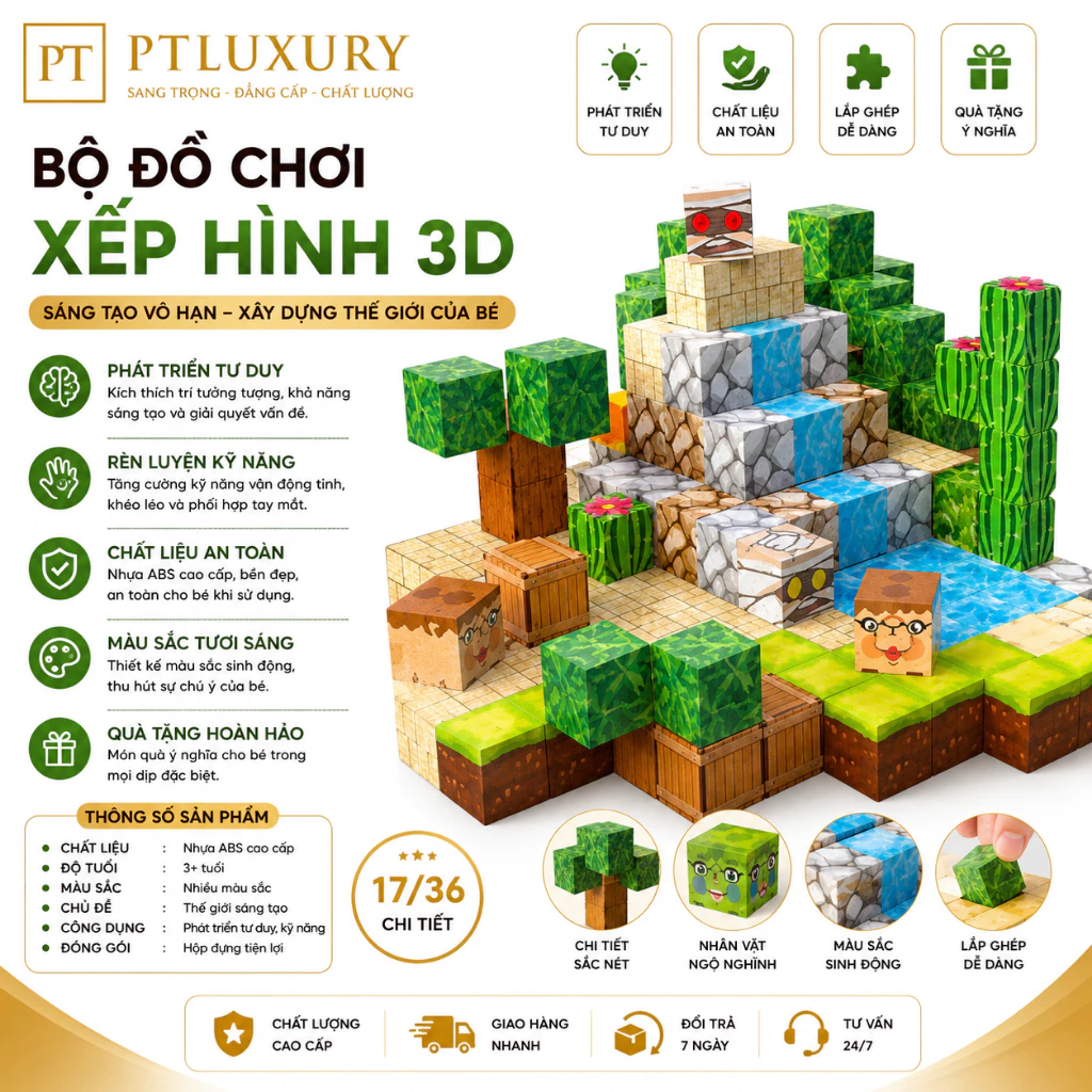 [ COMBO 100 KHỐI ] Khối nam châm PTLUXURY xếp hình từ tính cho bé thỏa sức xây dựng sáng tạo