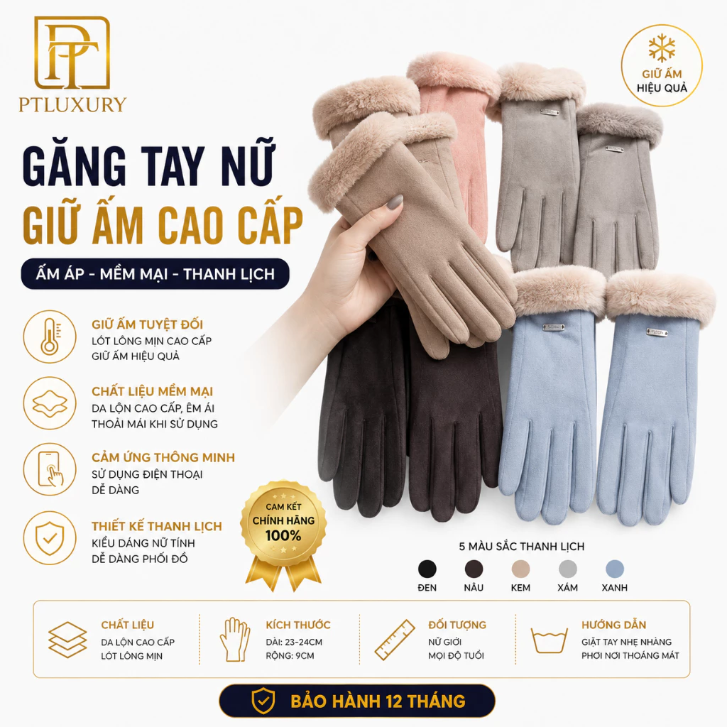 Găng tay mùa đông nữ PTLUXURY lông vũ ấm áp thời trang sang trọng quý phái [ HÀNG NHẬP KHẨU ]